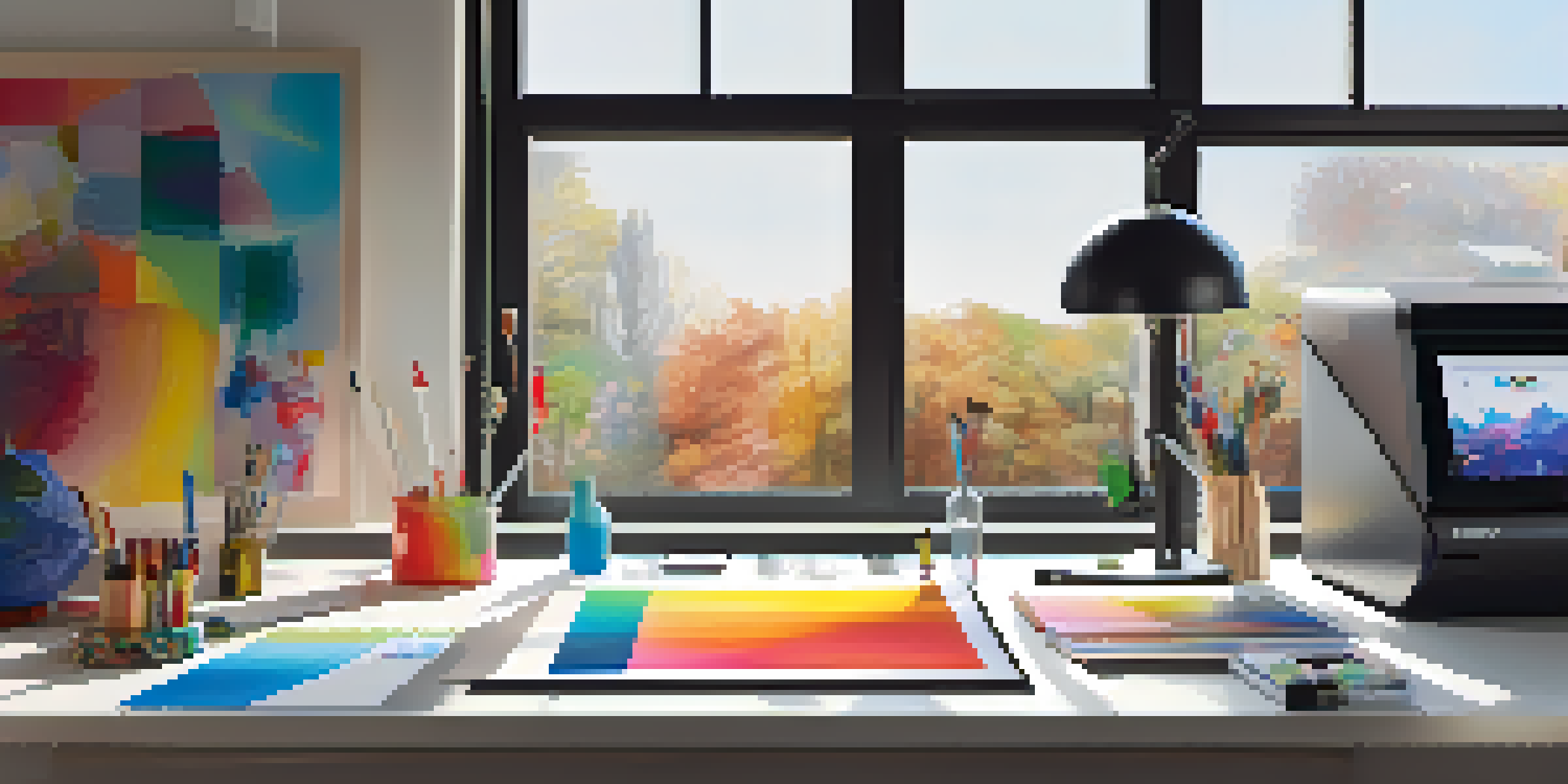 A bright artist's workspace with a 3D printer, colorful sculptures, and digital design sketches, illuminated by natural light.