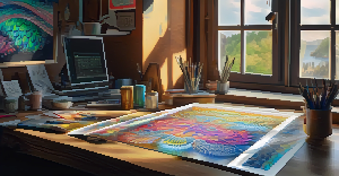 A digital workspace with a monitor displaying intricate digital carvings and an artist's hand over a graphics tablet, illuminated by soft natural light.