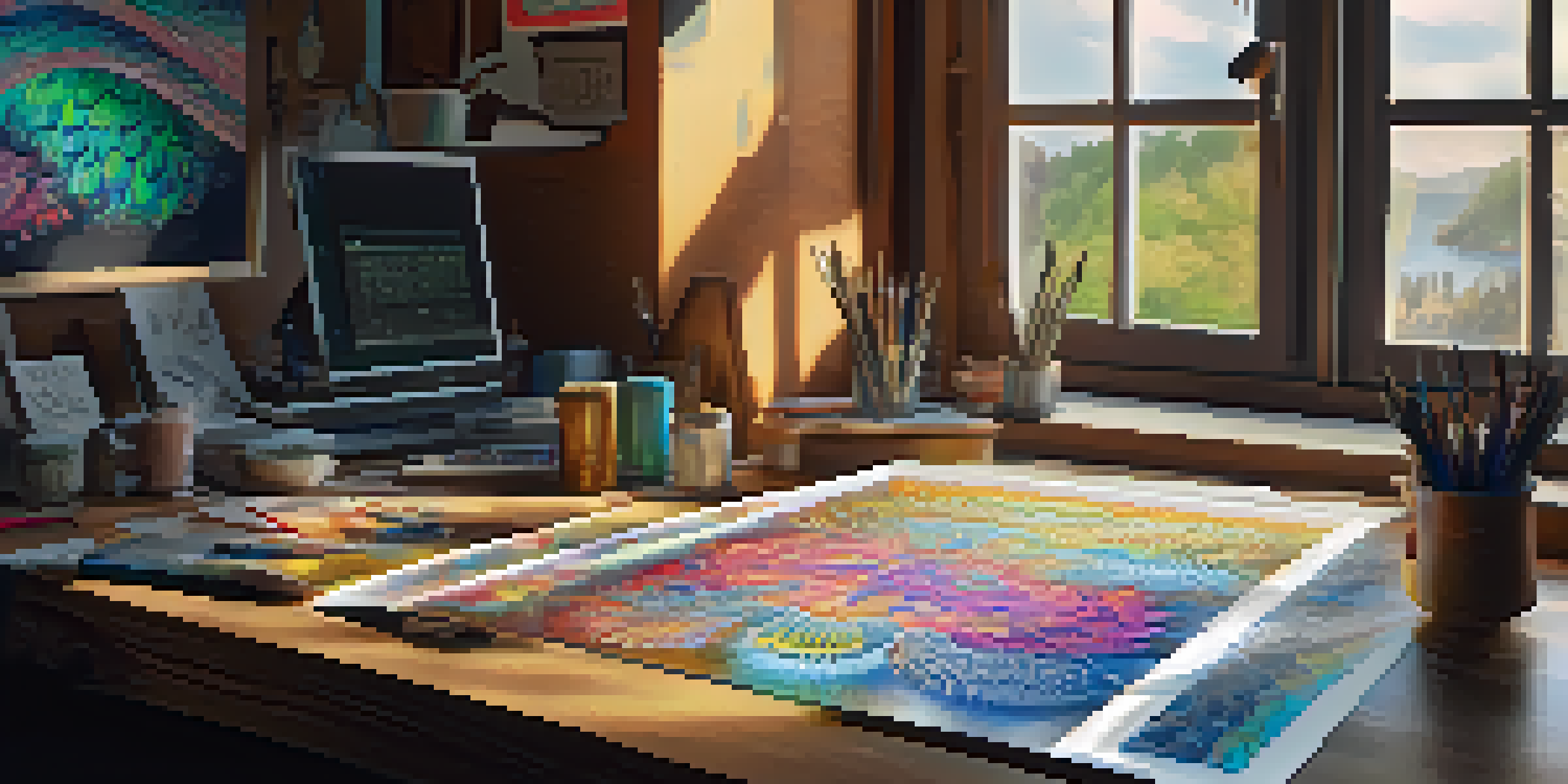 A digital workspace with a monitor displaying intricate digital carvings and an artist's hand over a graphics tablet, illuminated by soft natural light.