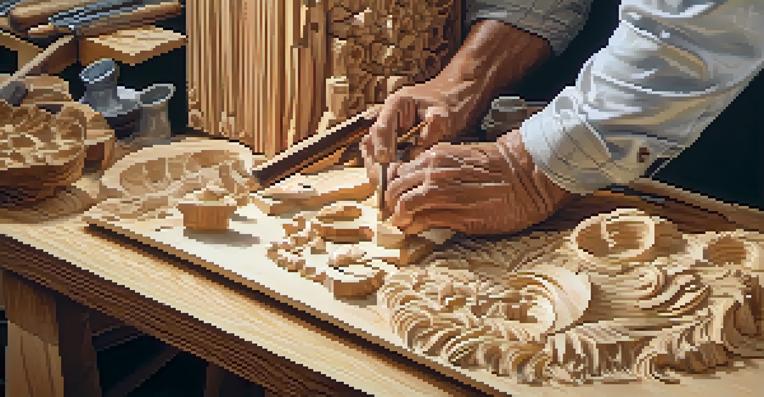 A wood carver focused on crafting a detailed sculpture, surrounded by wood shavings and tools, with soft lighting emphasizing the craftsmanship.