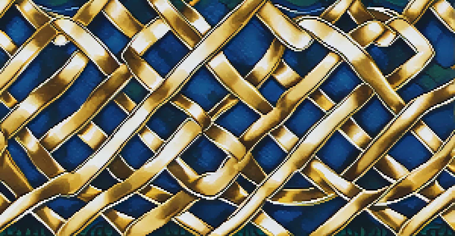 A colorful modern textile design featuring a Celtic knot pattern, with bright blues, greens, and golds flowing throughout.
