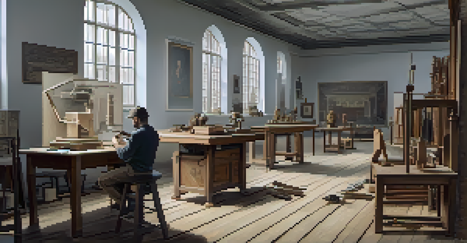 A modern restoration workshop featuring a 3D printer and traditional carving tools, illustrating the fusion of technology and craftsmanship.