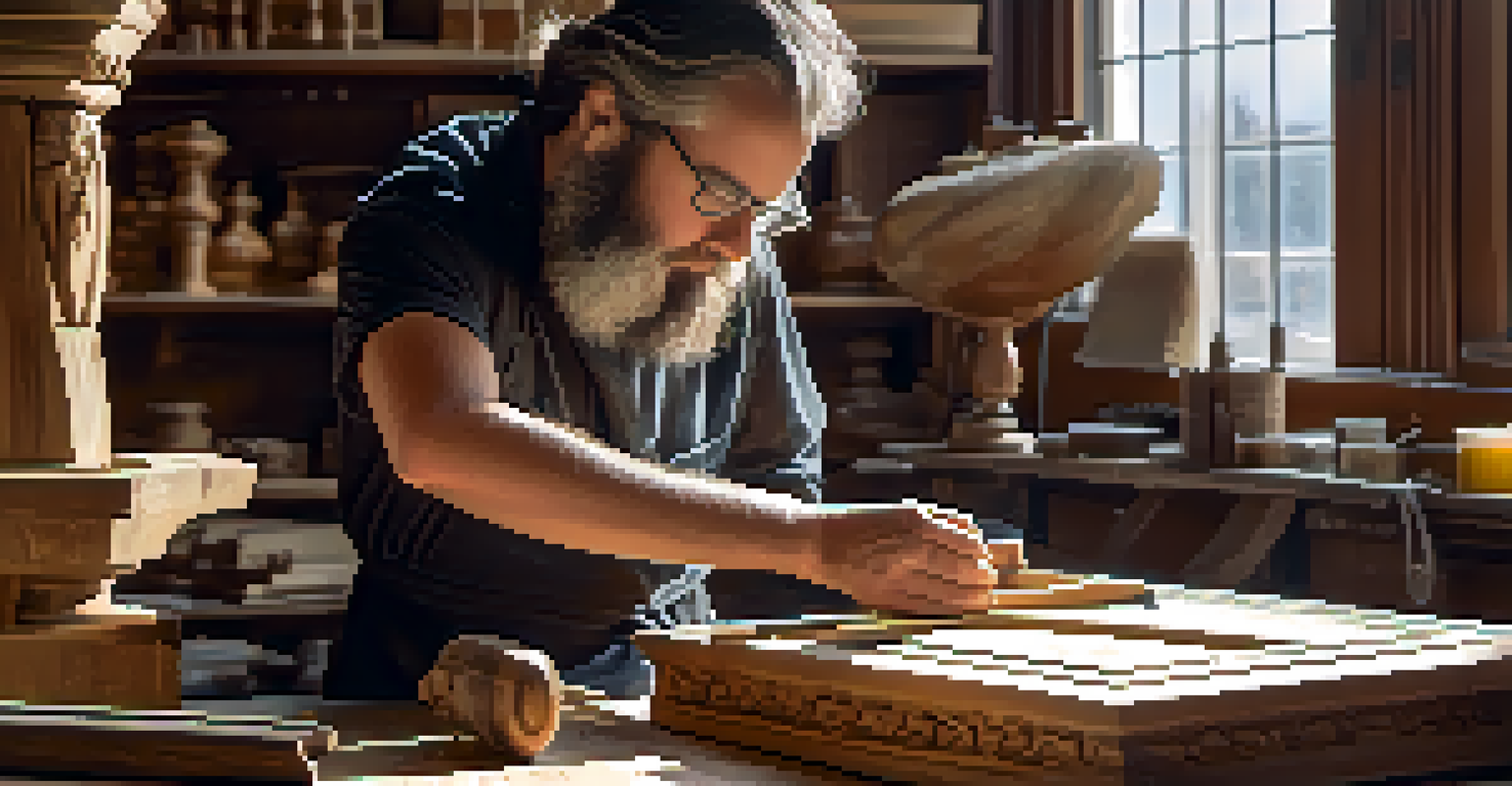 A conservator cleaning a vintage wooden carving in a sunlit workspace filled with restoration tools.