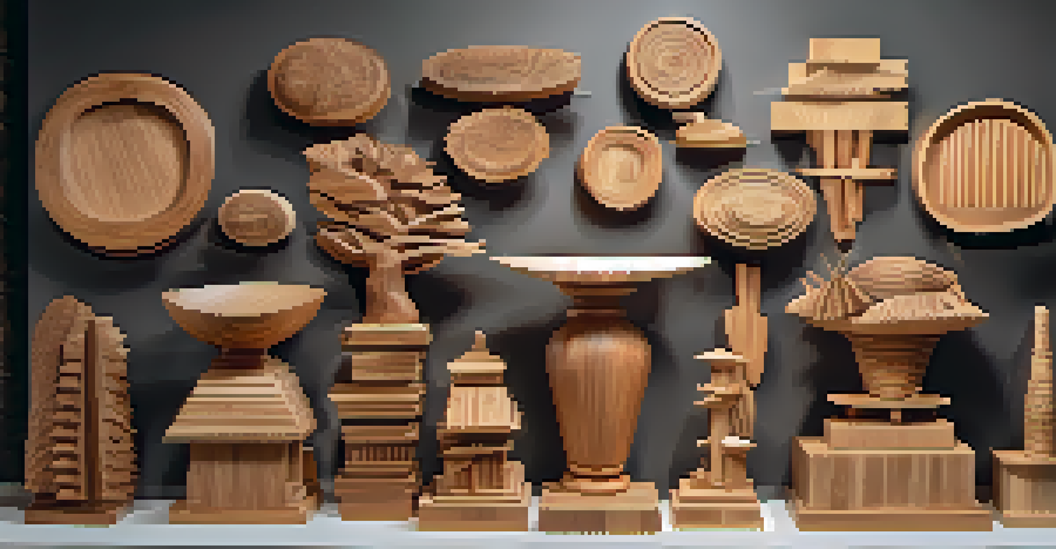 A display of finished wooden sculptures made from softwood and hardwood, with intricate designs and smooth finishes.
