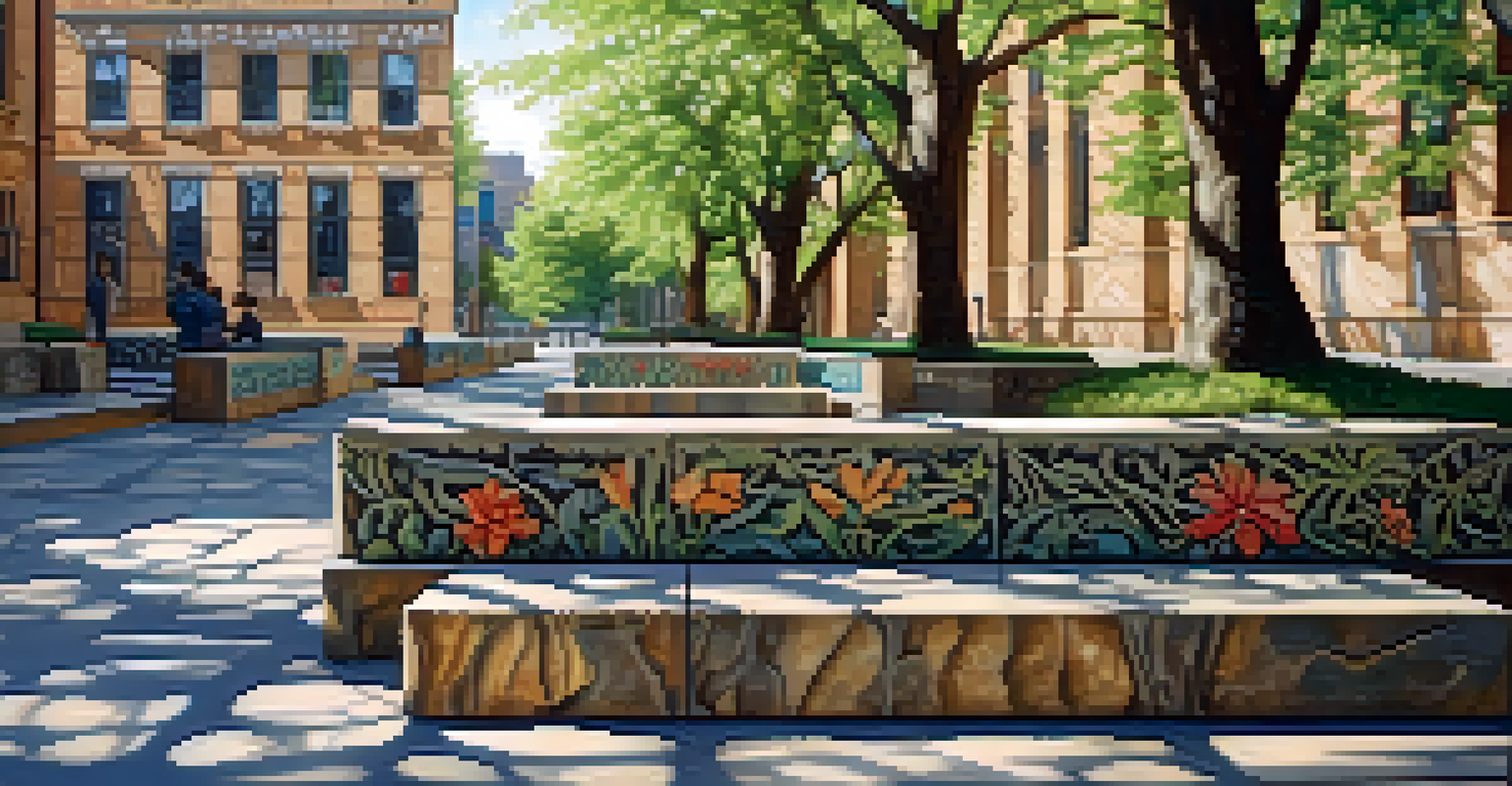An urban public square with carved stone benches and walls, featuring floral patterns, surrounded by greenery and city buildings with sunlight filtering through the trees.