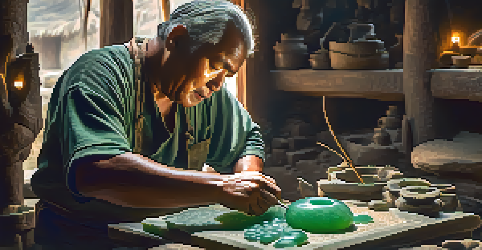 An artisan carving a jade piece in a traditional Maya workshop, surrounded by tools and illuminated by soft natural light.