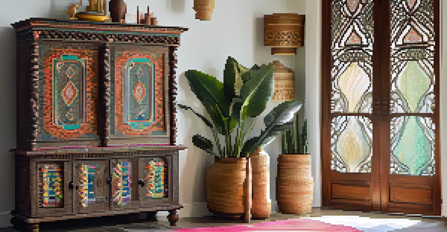 A carved Indian cabinet in a bohemian-style room, surrounded by colorful textiles and cushions.