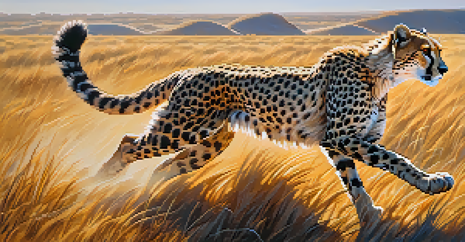 A powerful cheetah sprinting across a savannah, showcasing its speed and grace against a backdrop of golden grass.