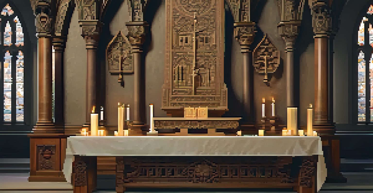 A restored medieval altar with intricate carvings and soft candlelight illuminating the details.