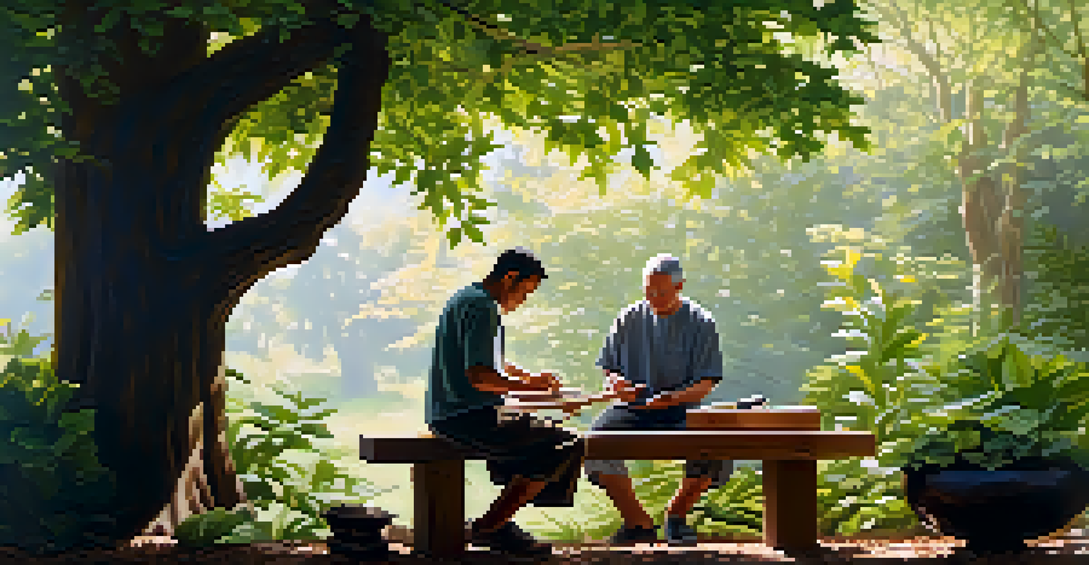 A woodcarver peacefully working on a sculpture outdoors, surrounded by greenery and dappled sunlight.