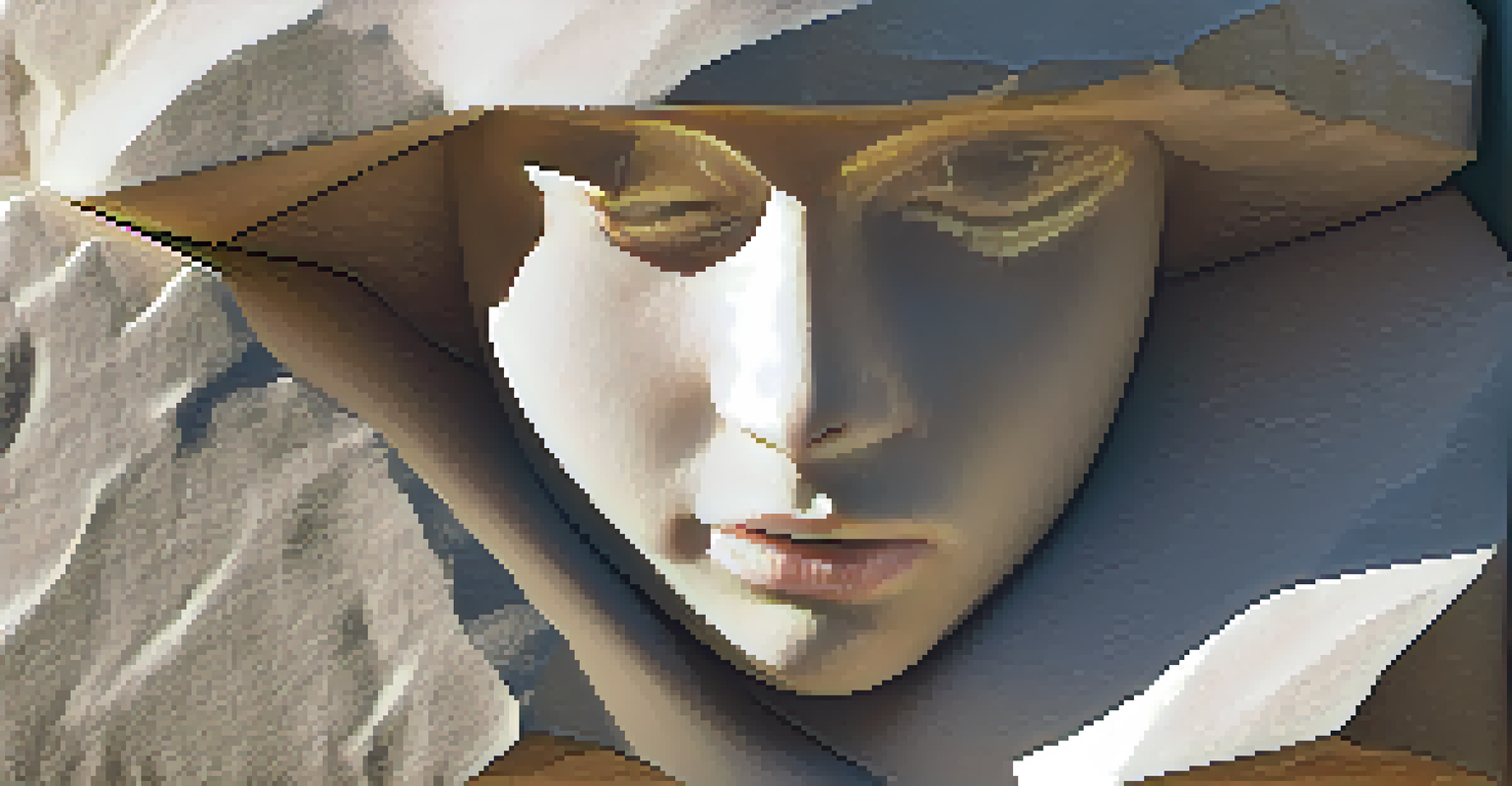 Close-up of a textured stone sculpture, illuminated by soft natural light, highlighting its carvings.