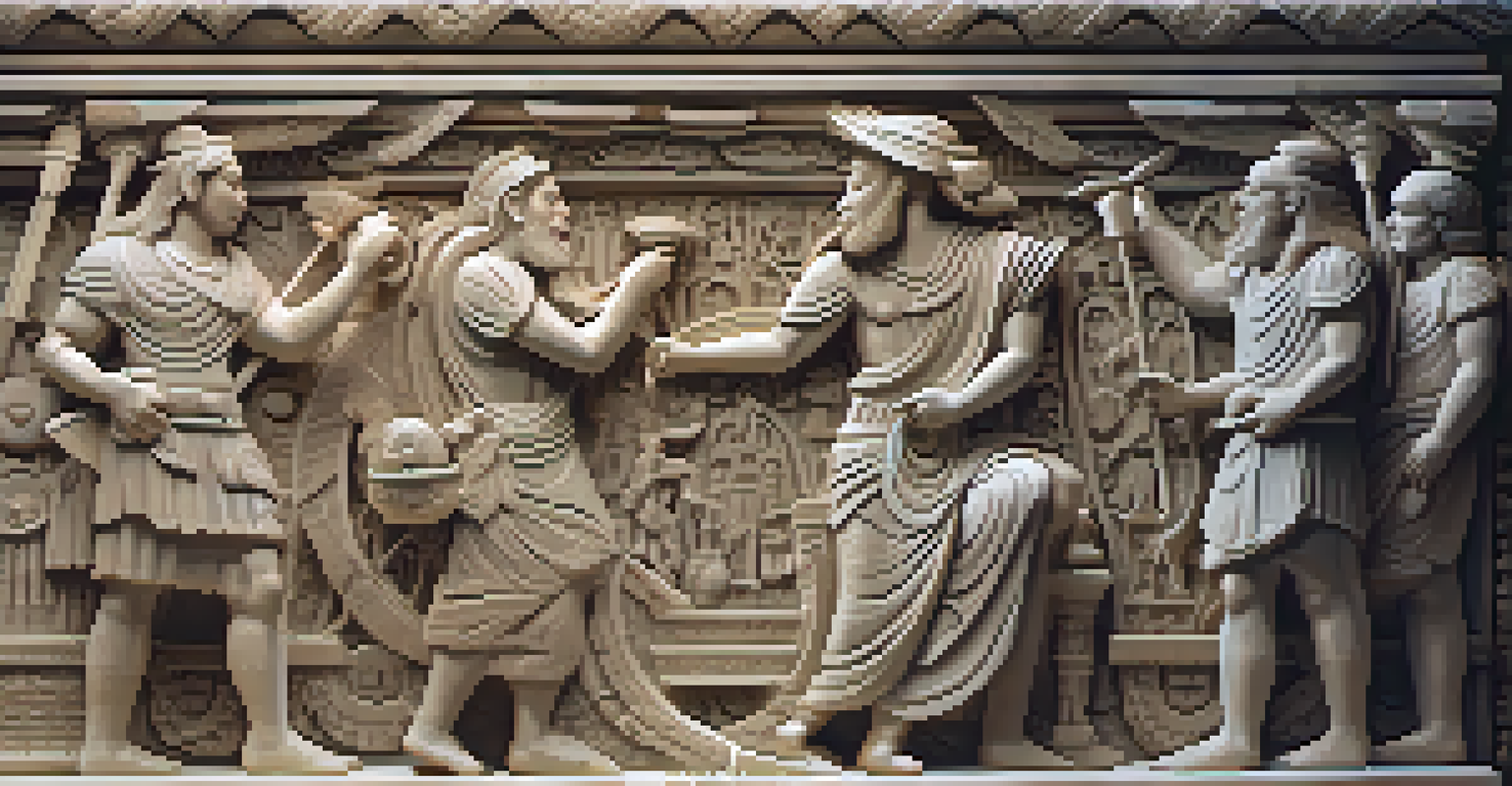 A close-up of a carved stone relief with intricate details illuminated by soft light.
