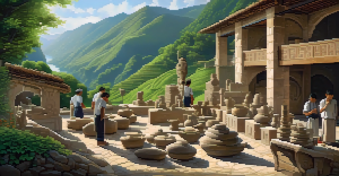 A peaceful stone carving workshop in a green valley with artisans at work and intricate sculptures around.