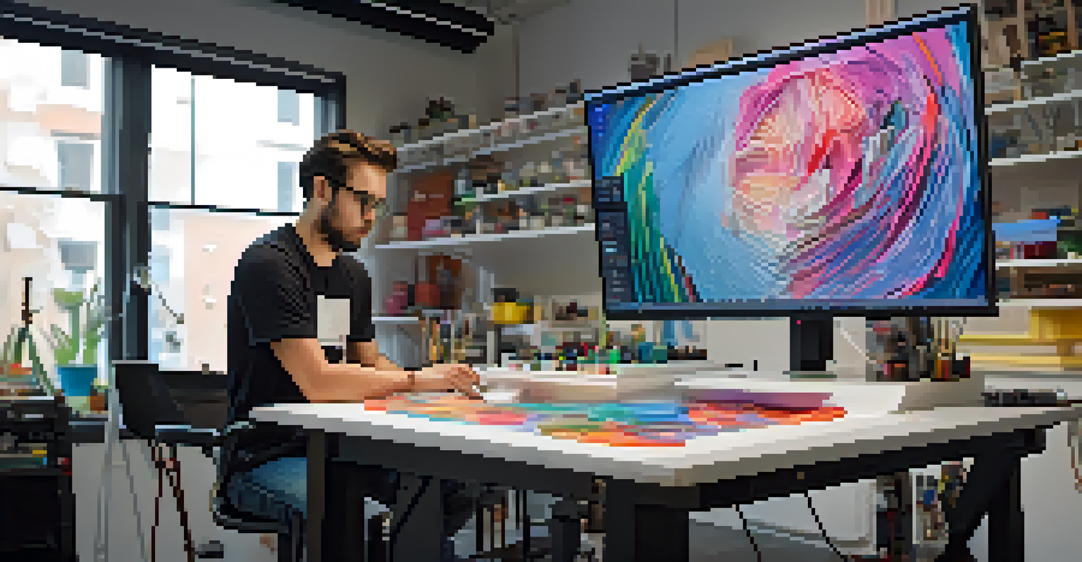 An artist in a modern studio using a 3D printer to create a sculpture, with colorful designs on a computer screen.