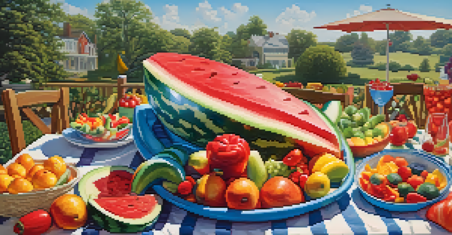 A summer barbecue display with a carved watermelon shark filled with fruit salad, surrounded by colorful vegetable carvings in a bright outdoor setting.