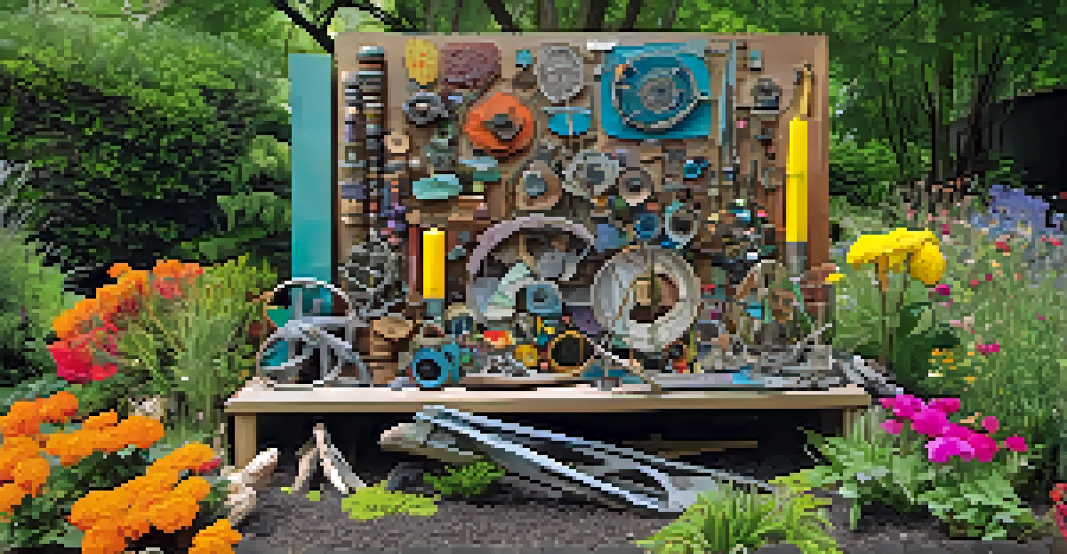 An assemblage sculpture made from found objects, displayed in a colorful garden.