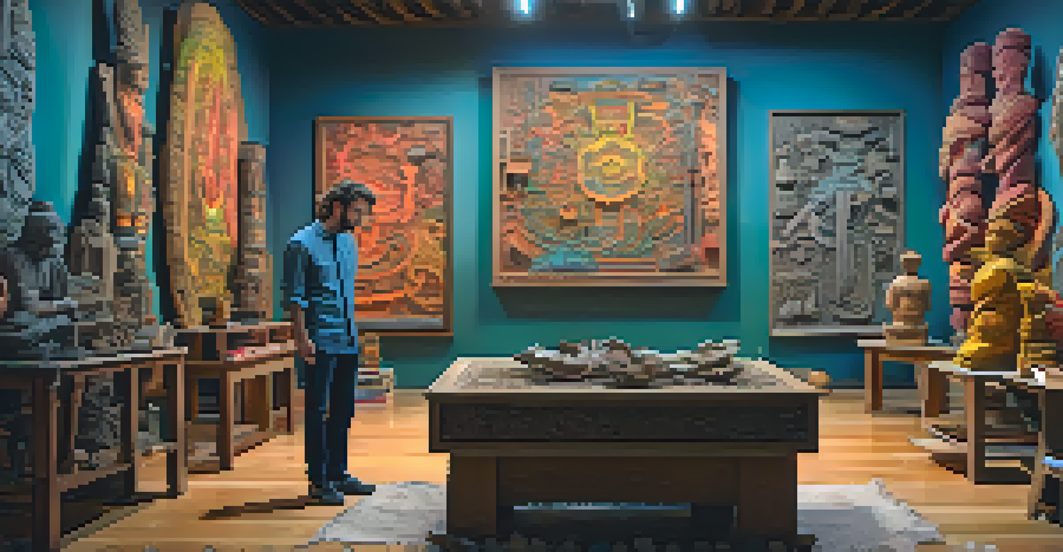 An artist in a studio looking at a glowing virtual sculpture projected in their space, surrounded by traditional carving tools.