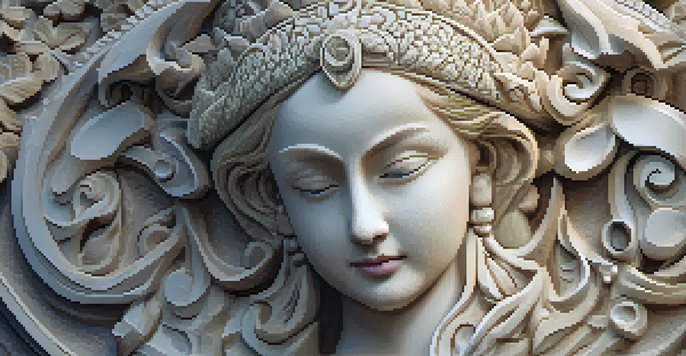 A detailed close-up of a stone sculpture, focusing on textures and patterns, with soft lighting and a blurred background.