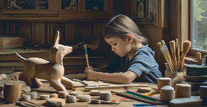 A child engaged in carving a wooden animal figure at a well-lit workshop, surrounded by craft supplies.