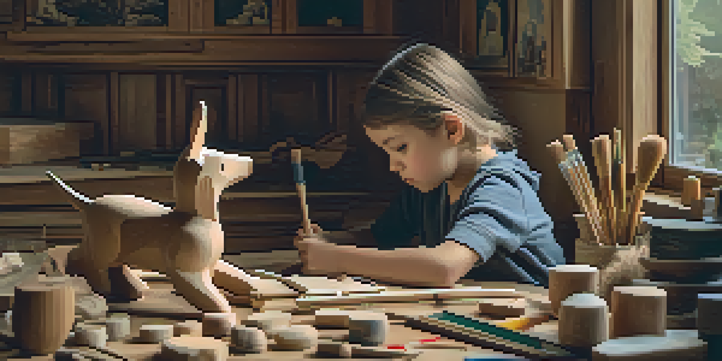 A child engaged in carving a wooden animal figure at a well-lit workshop, surrounded by craft supplies.