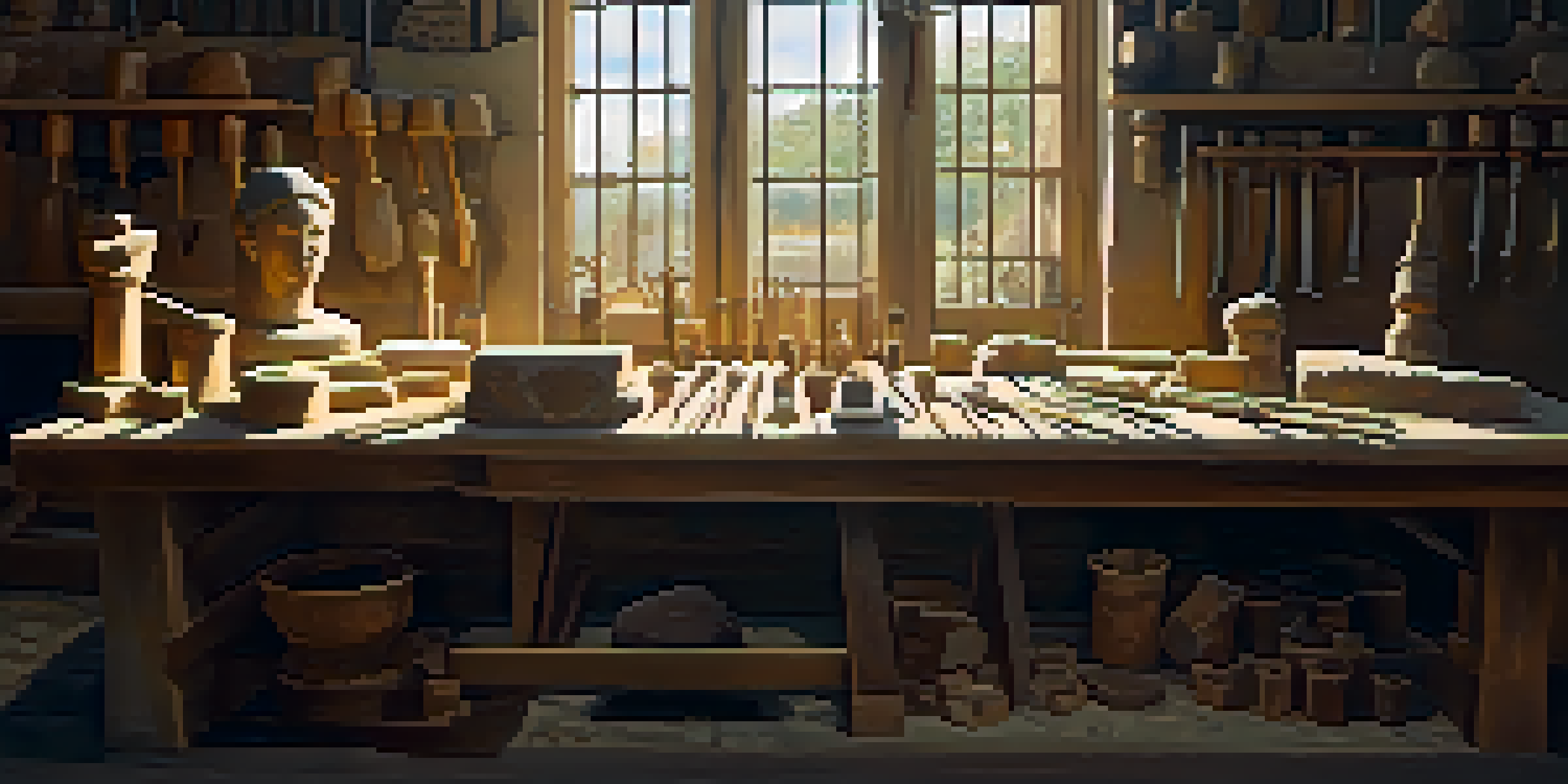 A well-lit stone carving workshop with tools on a wooden bench and a partially carved statue.