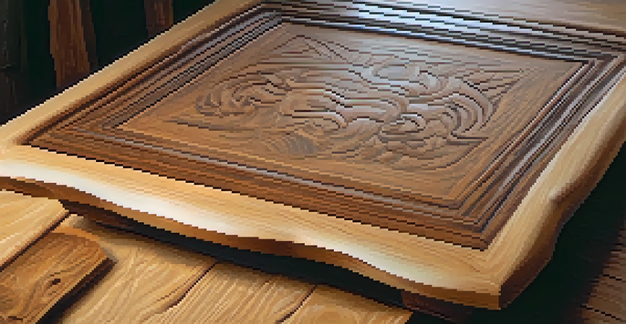 A carved wooden piece on a workbench with natural light highlighting its details, alongside sandpaper and a cloth.