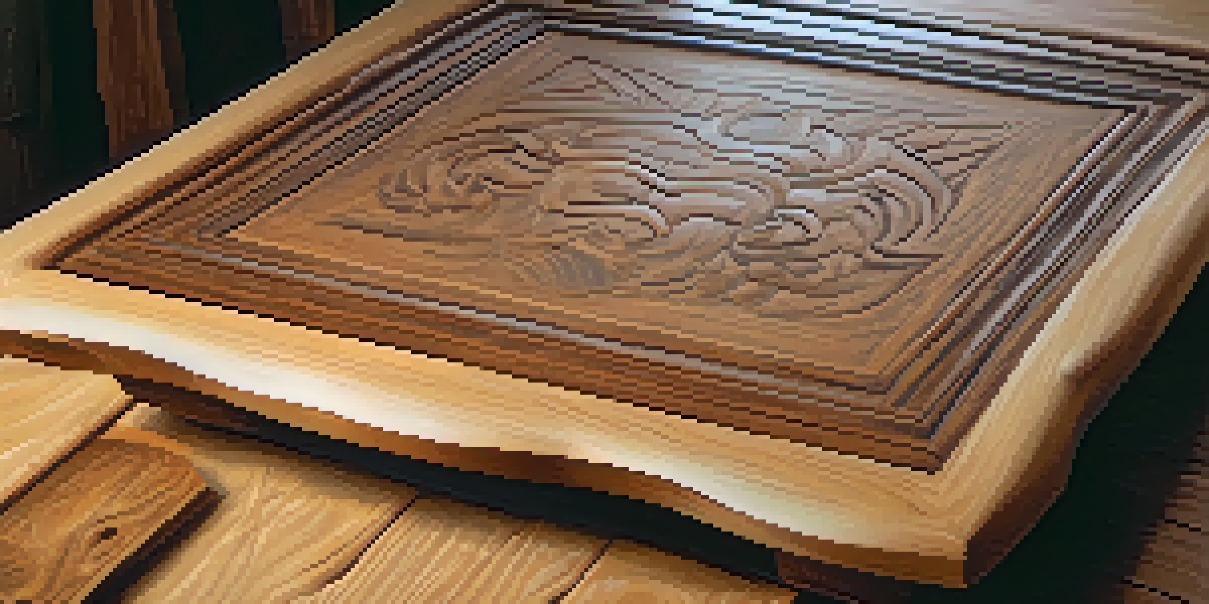 A carved wooden piece on a workbench with natural light highlighting its details, alongside sandpaper and a cloth.