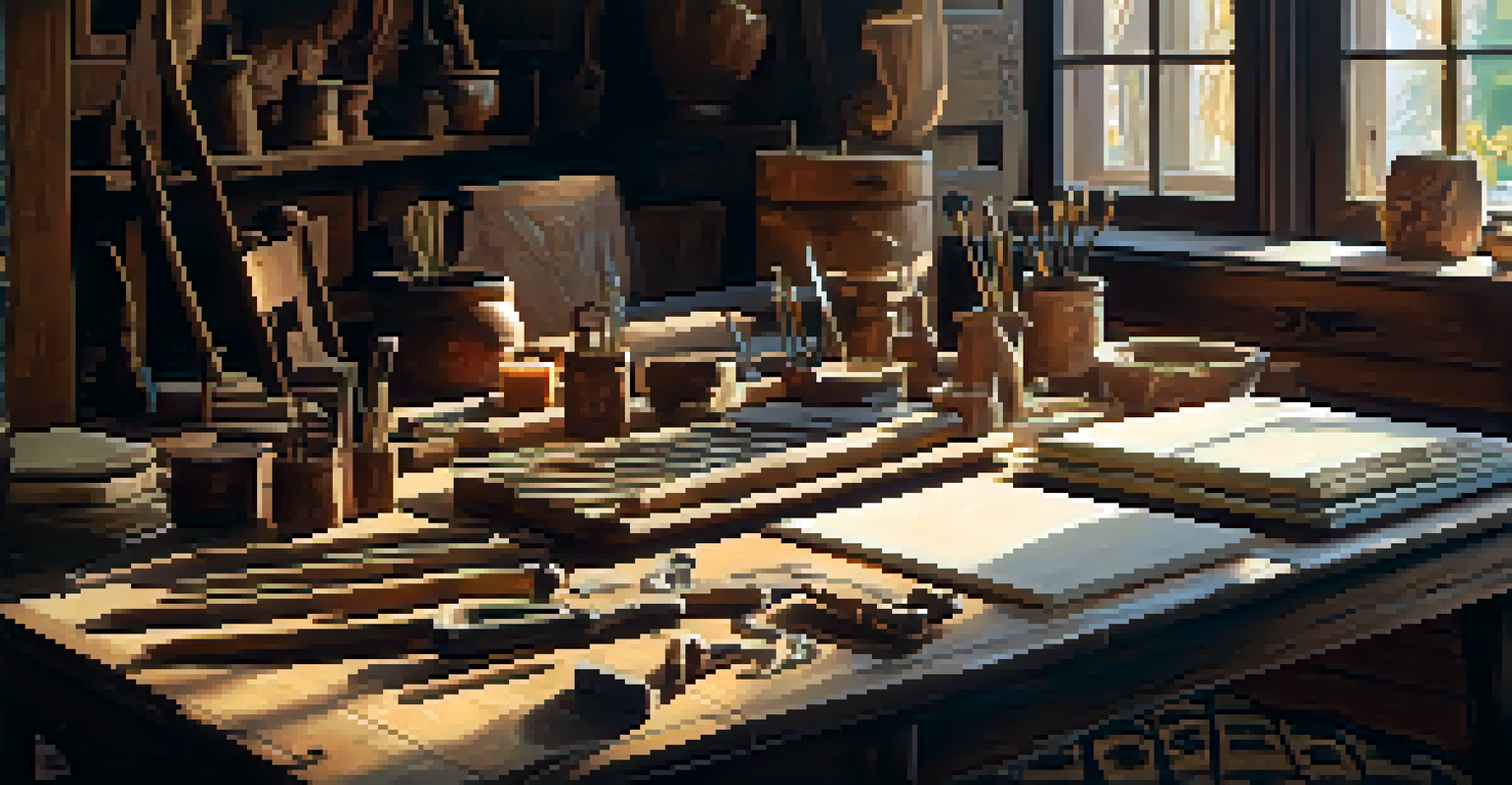 A workspace with antique carving tools and partially carved furniture pieces in warm sunlight.