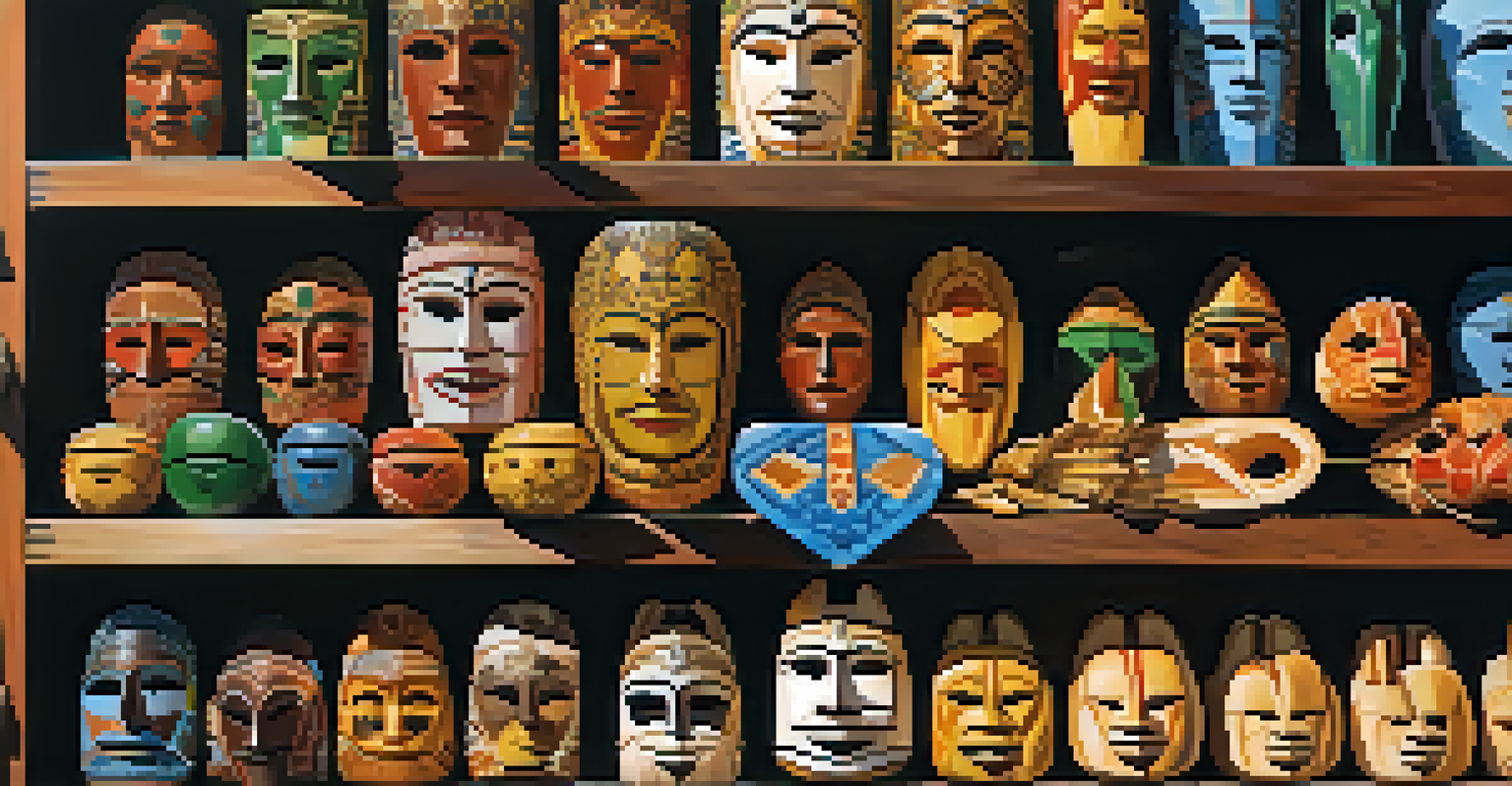A market stall showcasing colorful carved wooden masks and figurines under sunlight.