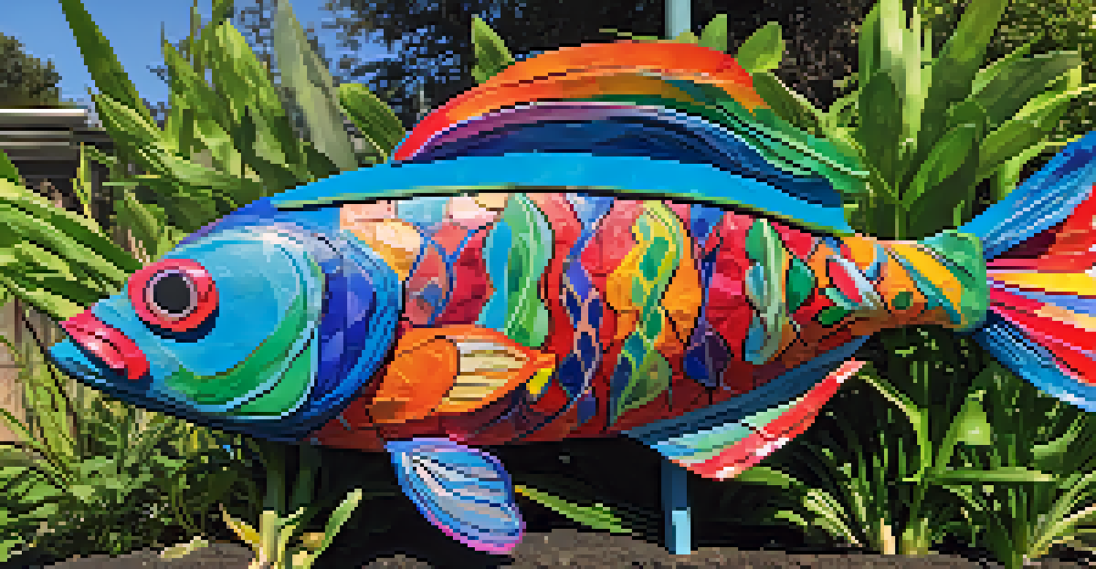 A colorful paper mache fish displayed in a garden, surrounded by green plants and flowers.