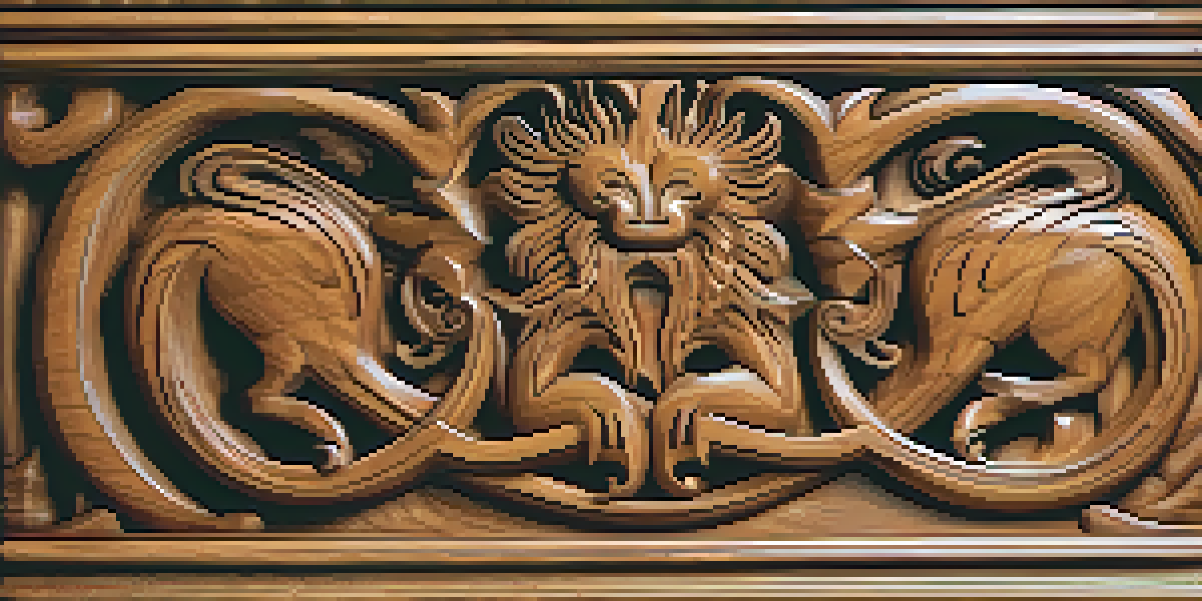 A close-up view of a wooden carving featuring a mythical creature, highlighting intricate details and textures, with sunlight illuminating the wood.