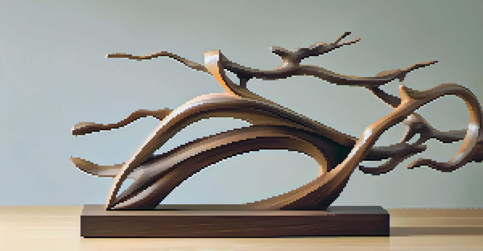 A detailed wooden sculpture of a twisting branch displayed on a pedestal.
