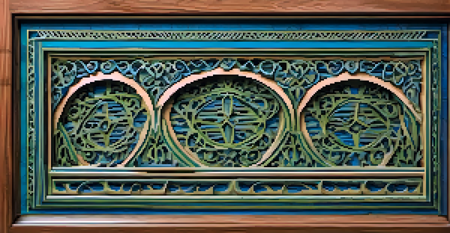 A close-up of a carved wooden panel with intricate patterns in blue and green hues, set against a matte background.