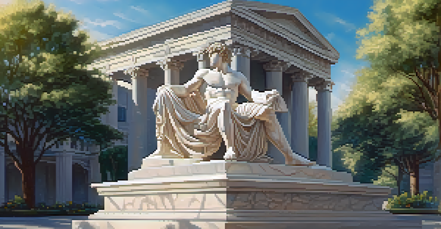 A marble statue of a Greek god in a sunlit public square, surrounded by greenery and classical buildings.