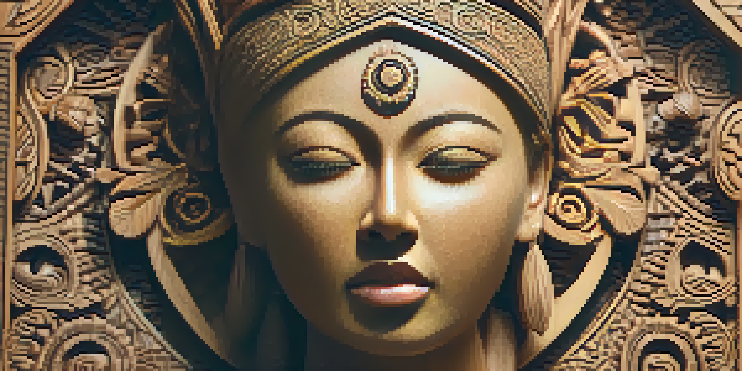 A detailed wooden sculpture of a strong female figure surrounded by intricate patterns, illuminated by soft warm lighting.