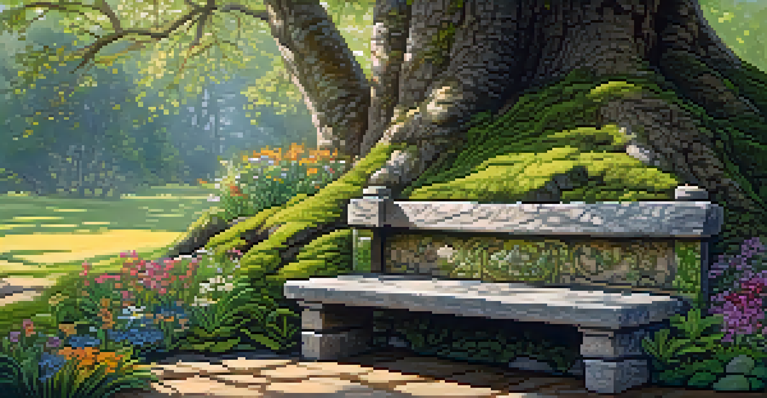 A rustic stone bench with floral carvings under a tree, surrounded by wildflowers and soft moss in a warm, inviting garden.