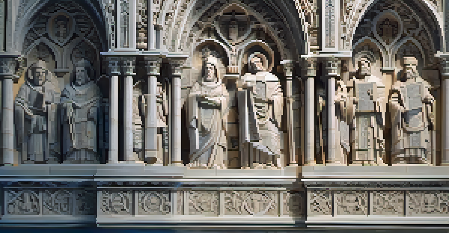 A stone relief of a biblical scene with detailed figures, illuminated by sunlight in front of a Gothic cathedral.