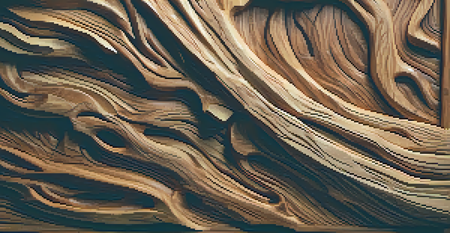 A close-up of a carved wooden sculpture showing intricate tree root shapes, illuminated by warm lighting in a workshop.