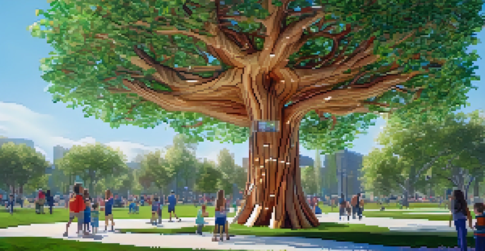A colorful interactive wooden sculpture of a tree in a park, with people exploring it.