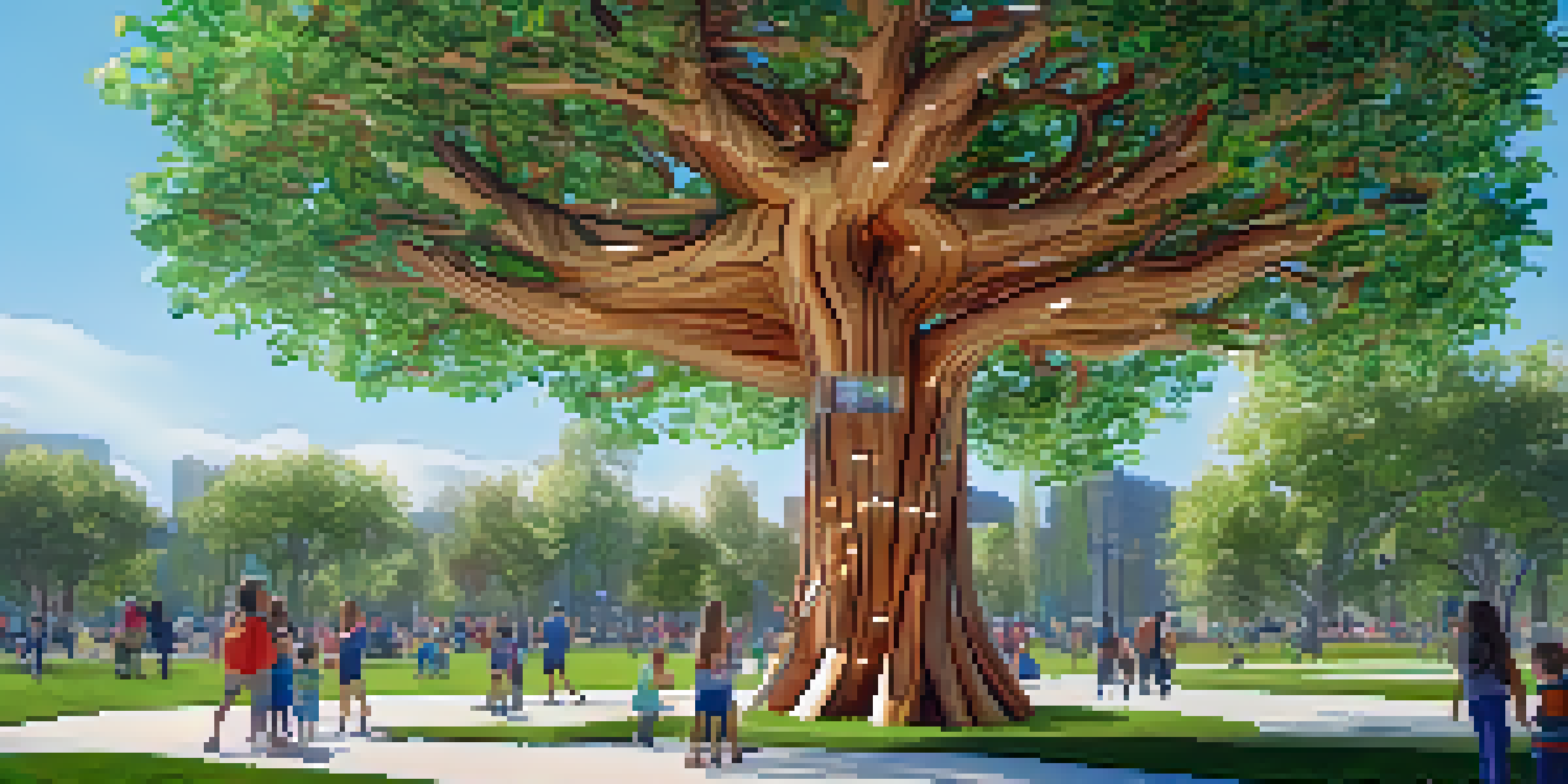 A colorful interactive wooden sculpture of a tree in a park, with people exploring it.