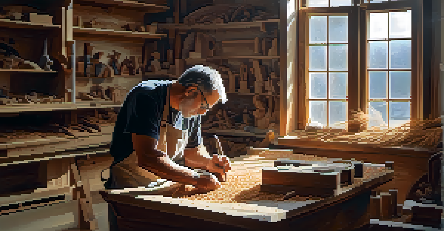 An artist carving a wooden sculpture in a bright workshop, surrounded by tools and wood shavings.