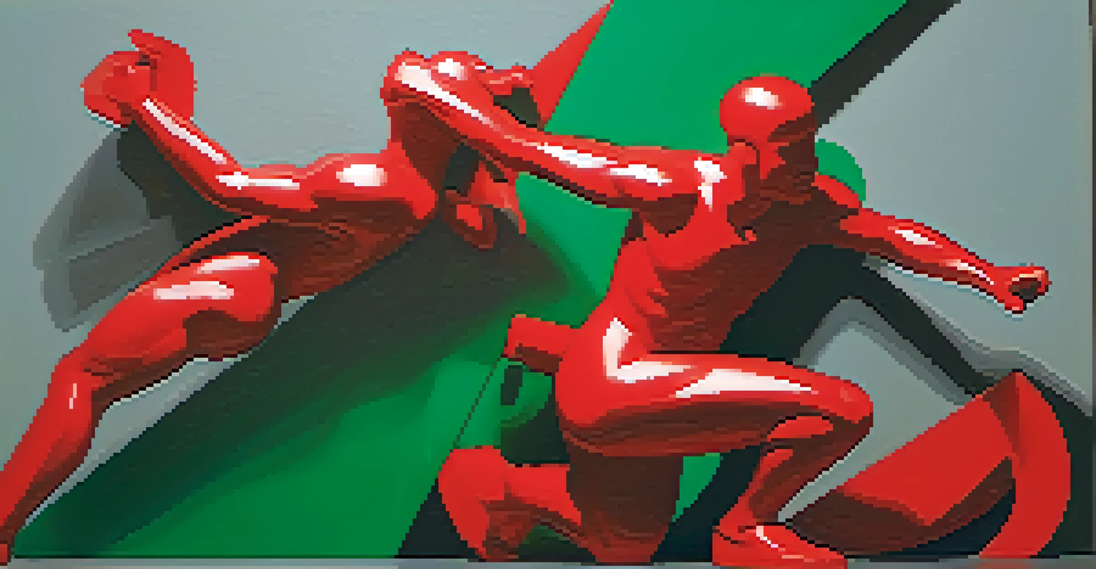 Two contrasting carved figures, one bright red and the other green, set against a muted gray background.