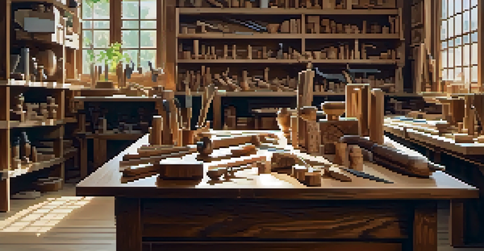 A craftsman in a warm-lit workshop carving a wooden figurine, surrounded by tools and wood pieces.