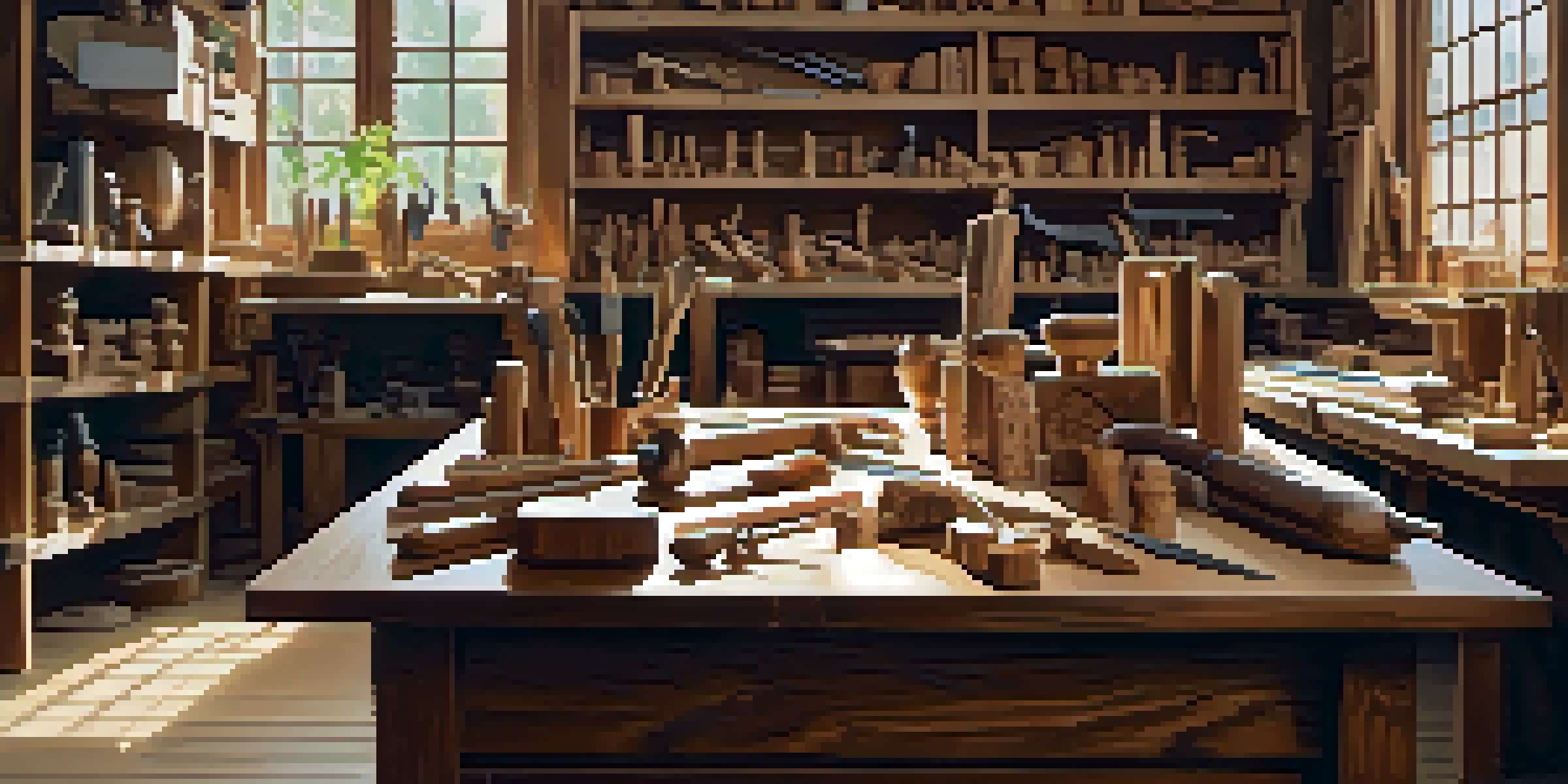 A craftsman in a warm-lit workshop carving a wooden figurine, surrounded by tools and wood pieces.