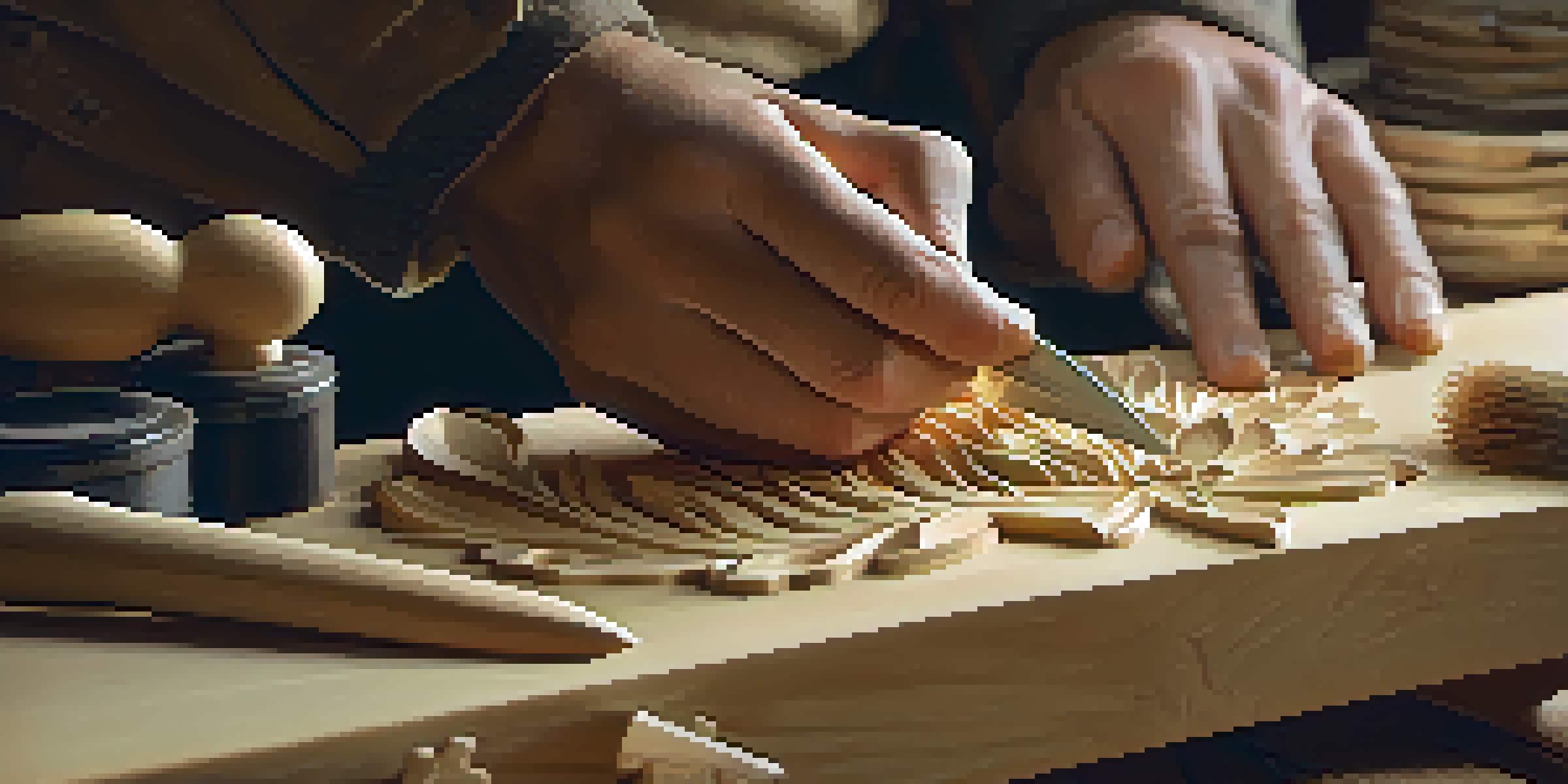 Close-up of hands carving a delicate flower from wood, with tools and shavings visible on a workbench.