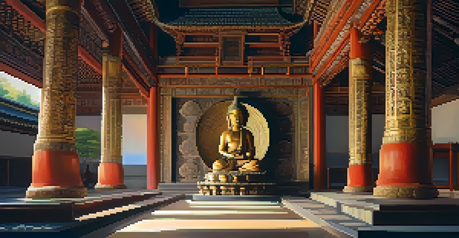 Interior view of a Buddhist temple featuring intricate stone carvings of deities, illuminated by soft warm light.