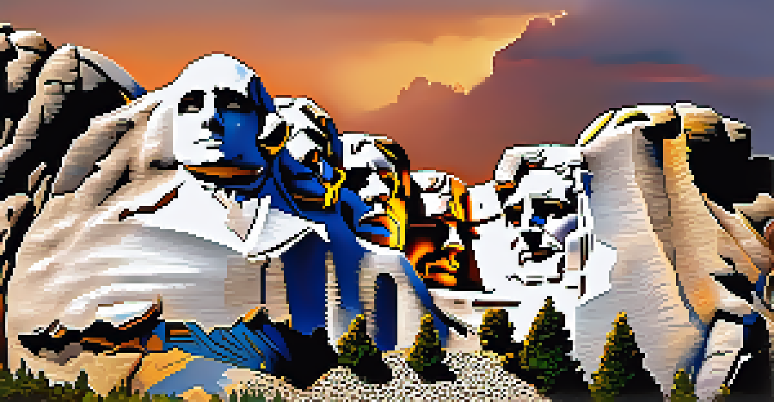 Mount Rushmore at golden hour, with illuminated carved faces and visitors in the foreground against a clear sky.