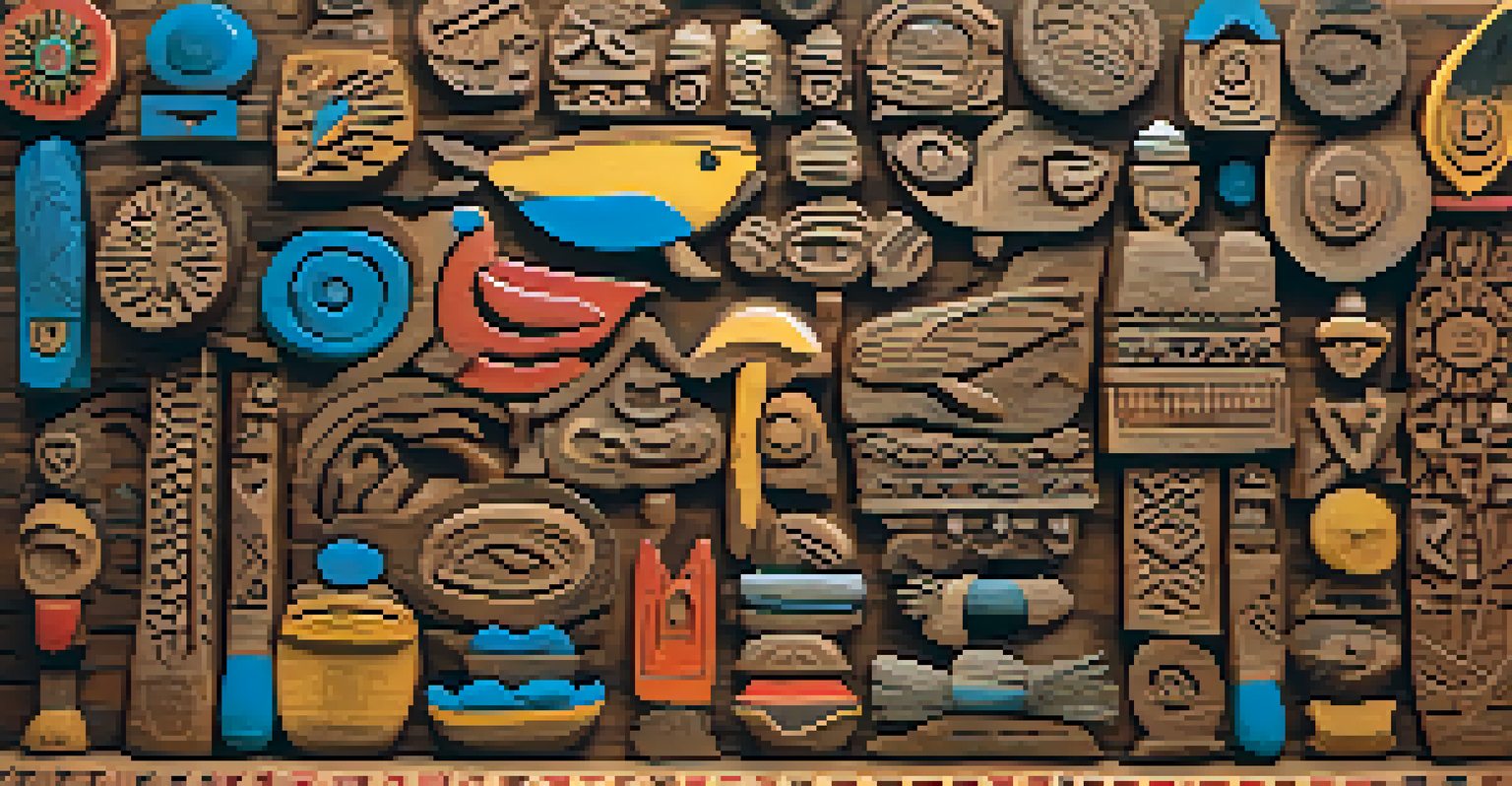A colorful African wooden carving showing spiritual symbols and patterns, set against a blurred natural landscape.