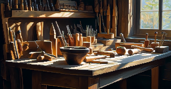 A cozy workshop with a wooden workbench filled with carving tools and a partially carved figurine, illuminated by soft sunlight.
