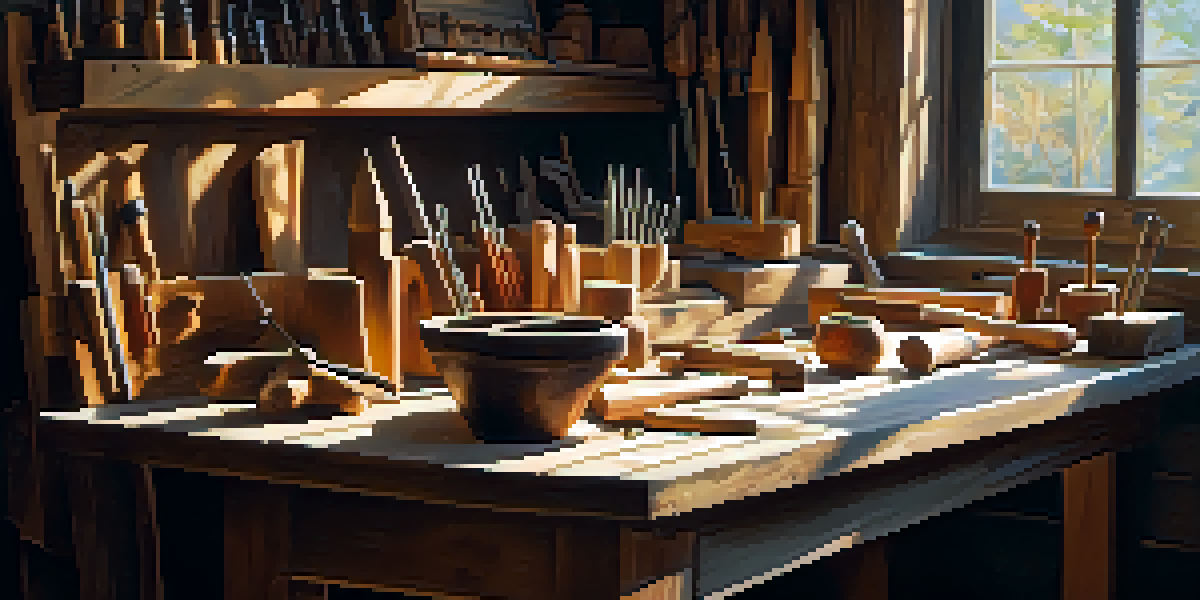 A cozy workshop with a wooden workbench filled with carving tools and a partially carved figurine, illuminated by soft sunlight.
